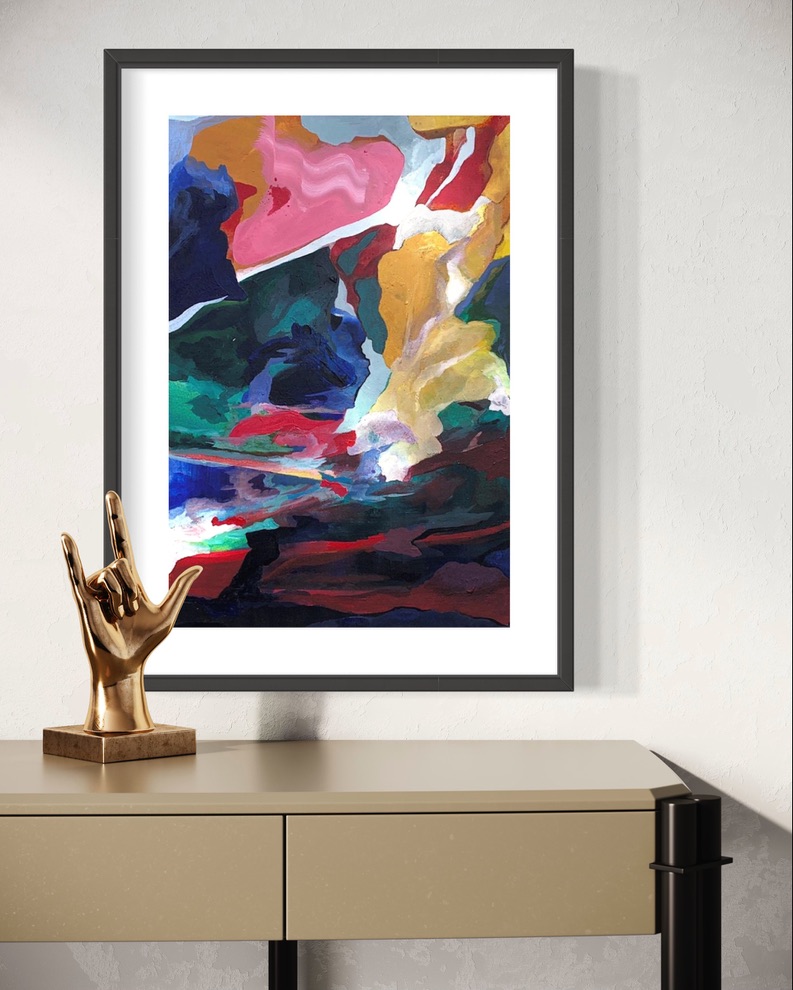 Painting framed and displayed on a console table