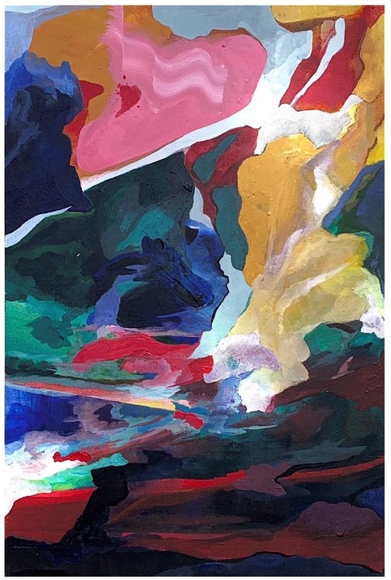 Abstract painting in blue, teal, gold and pink