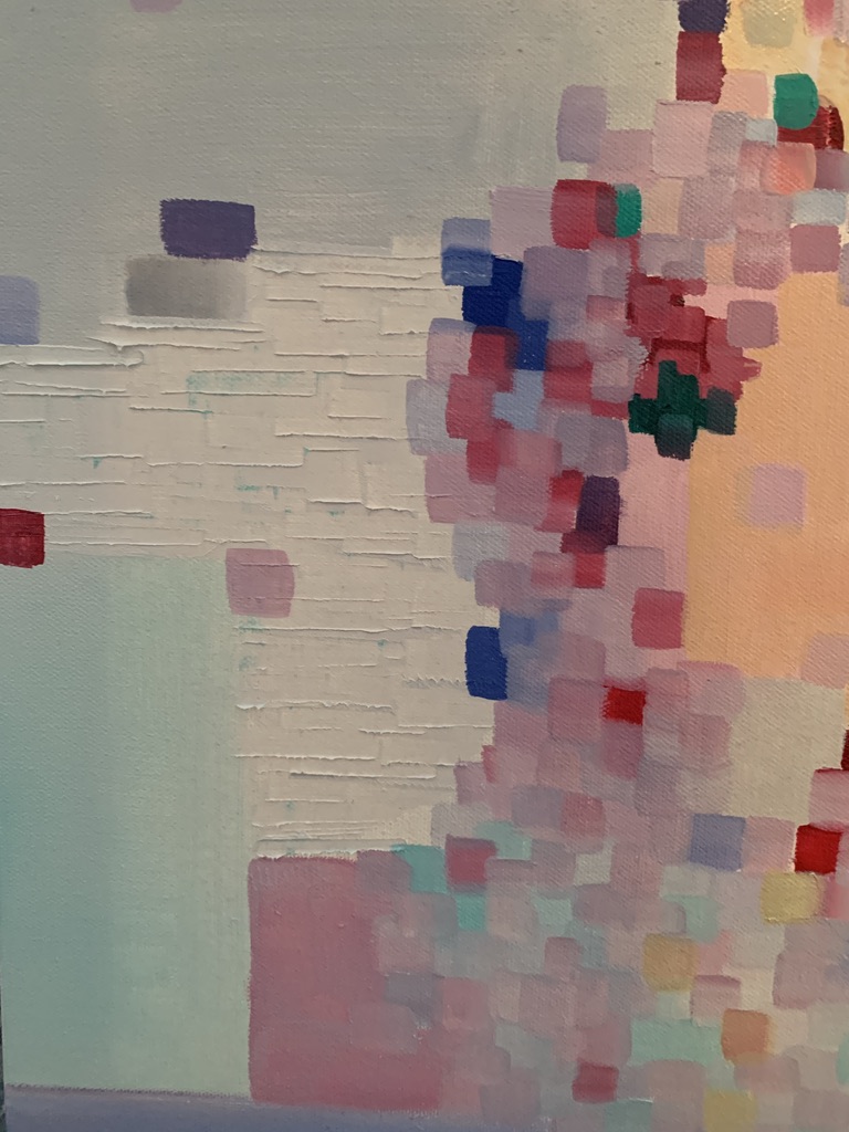 Detail of the pink and orange painting, textured squares