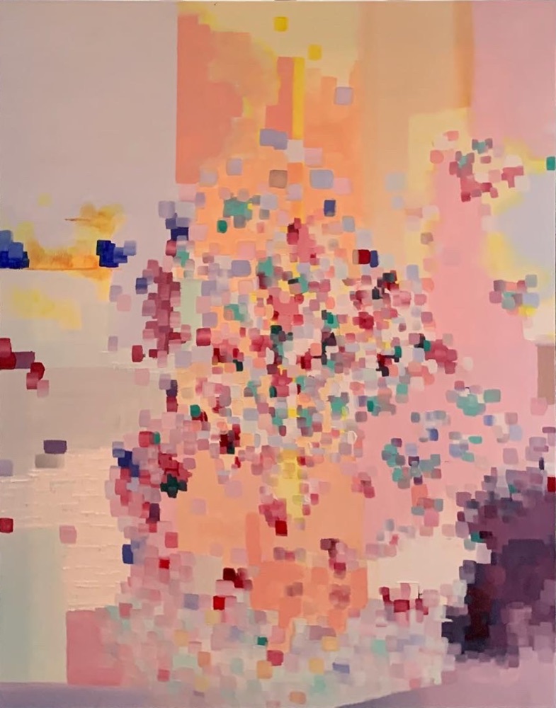 Abstract painting in pink and orange pointillist squares