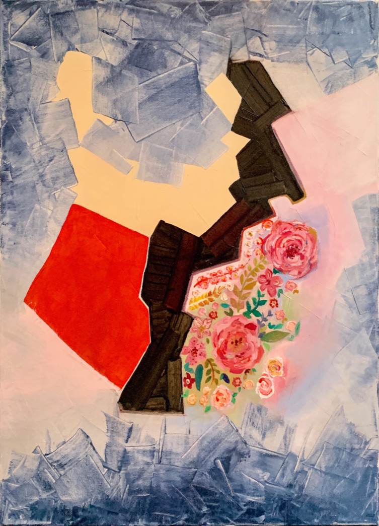 Abstract painting with red, black and a floral motif