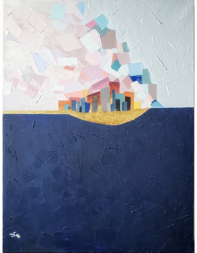Abstract painting of a city skyline against a navy field