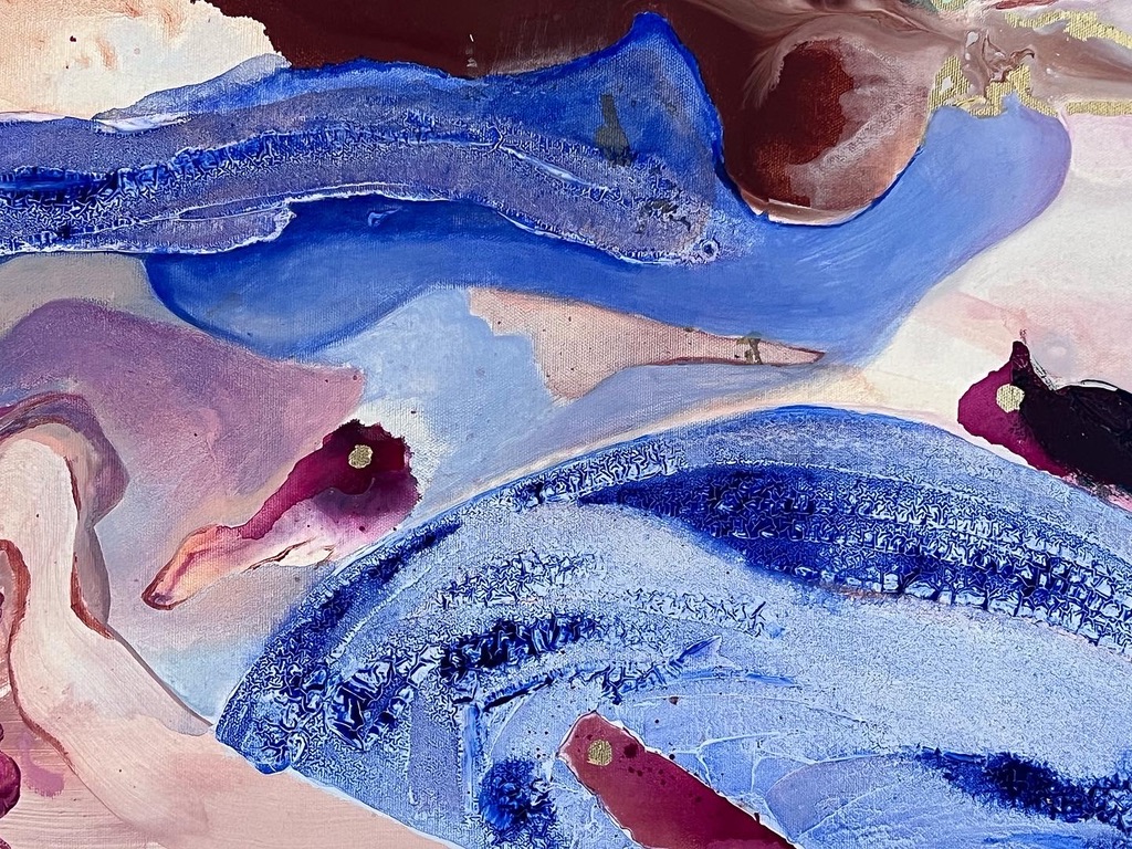 Detail of the blue and brown painting, flowing forms