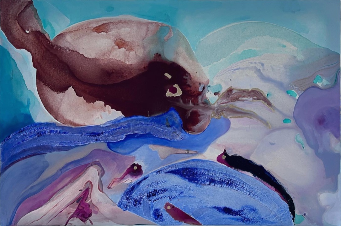 Abstract painting in blue, purple and brown, fluid forms
